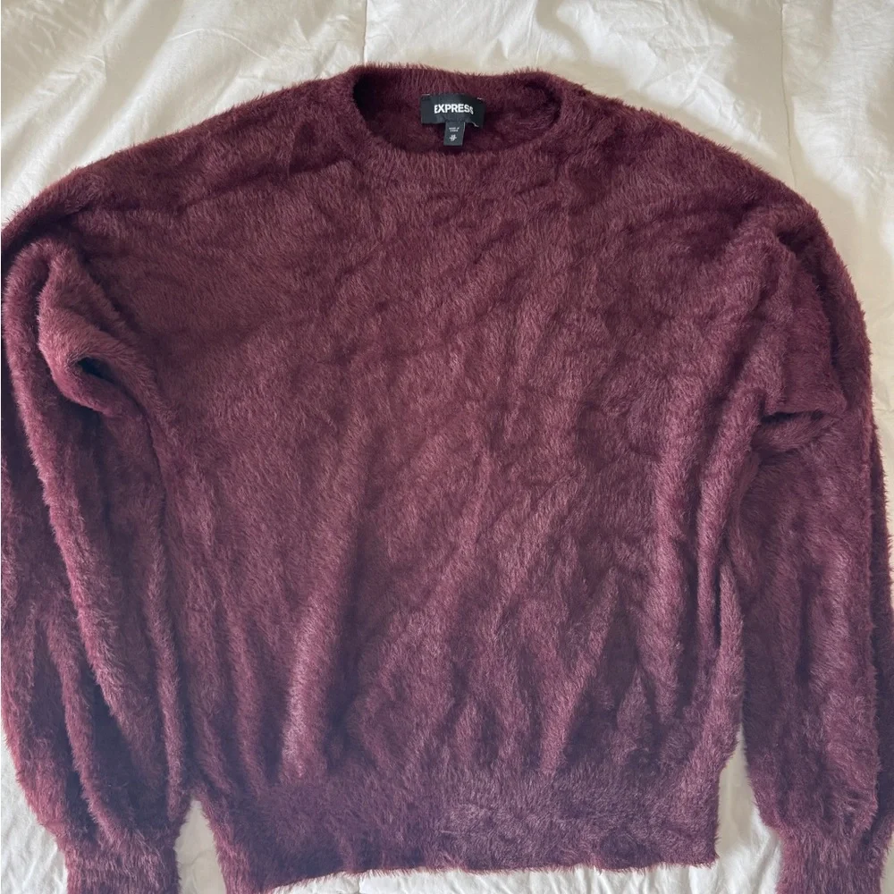 Express Burgundy Fuzzy Faux Fur Sweater XS Bateau Neck Long Sleeve Soft Cozy - Picture 2 of 10